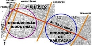 Análise do 4º Distrito de Porto Alegre sobre mapa cadastral, identificando o eixo articulador do bairro, Av. São Pedro, e as zonas industrial, mais próxima ao Porto, e predominantemente residencial e comercial, entre as avenidas Farrapos e Benjamin Consta [Acervo da disciplina]