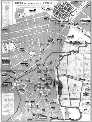 Mapa da capital da província de São Paulo: edifícios públicos, hotéis, linhas férreas, igrejas, bondes, passeios, etc. Publicado por Francisco de Albuquerque e Jules Martin, em julho de 1877