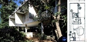 Figuras 31 e 32 – Vilanova Artigas, Casa Domschke, São Paulo, 1974, vista; Vilanova Artigas, Casa Domschke, São Paulo, 1974, planta térrea [ARTIGAS, Rosa et alli (org)]