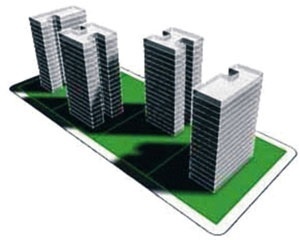 Os edifícios e quarteirões-tipo: Torre: os recuos laterais provocam, além da descontinuidade de térreos, o ‘efeito sanfona’ nos volumes, o que resulta em fragmentação em nossas cidades<br />Desenho: Arq. Julio Celso Vargas 