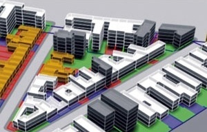 Os edifícios e quarteirões-tipo: alinhados nas divisas: continuidade de térreos e interação franca com o espaço público<br />Desenho: Gisele Lermen 