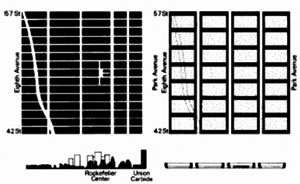 Esquema em planta e vista das unidades elementares da cidade tradicional e da cidade moderna<br />Desenho Arq. Carlos Bahima 