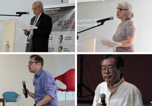 III SAMA, conferencistas (em sentido horário): Alcyr Meira (UFPA), Ana Lúcia Vieira dos Santos (UFF), Fernando Luiz Lara (UFMG/UT) e Hugo Segawa (USP)<br />Foto Rebeca Ferreira  [LAHCA-FAU/UFPA]