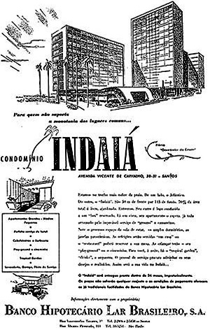 O Material publicitário do BHLB, que assinala a presença de empreendimentos desse Banco em municípios, como Santos, no Estado de São Paulo [www.vitruvius.com.br/arquitextos/arq031/arq031_02.asp]