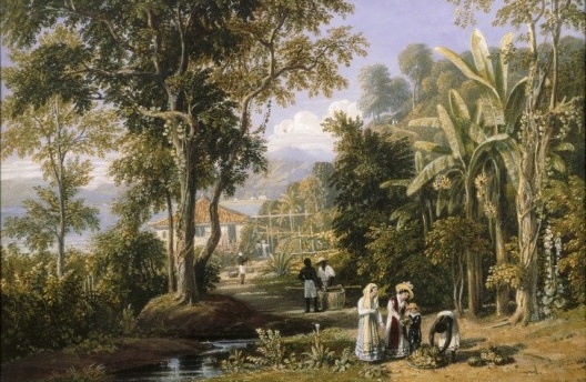William Havell, Garden Scene on the Braganza Shore, Rio de Janeiro. Guache sobre tela, 1827, Reading Museum and Art Gallery<br />Imagem divulgação  [ilustração VII do livro]