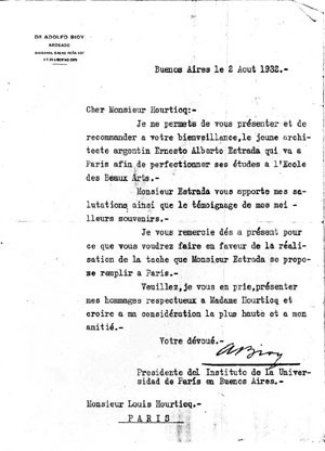 Carta de recomendación de Adolfo Bioy  [Colección familia Estrada]