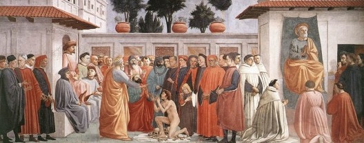 La resurrezione del figlio di Teófilo e San Pietro in cattedra, pintura começada por Masaccio (1427) e concluída mais tarde por Filippino Lippi
<br />Imagem divulgação  [<i>Leon Battista Alberti, humanismo e racionalidades modernas</i>, p. 140]