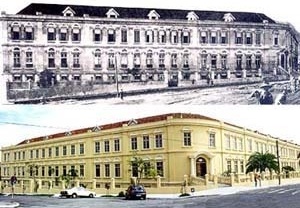 Acima: Escola Santa Terezinha concluída em 1929. A partir de 1947 passa a abrigar o Colégio Estadual Manoel Ribas.  Abaixo: Aspecto do edifício do Colégio em 2002.  [Relatório da CEVFRGS, 1955(imagem acima), DIGIFOTO (imagem abaixo)]