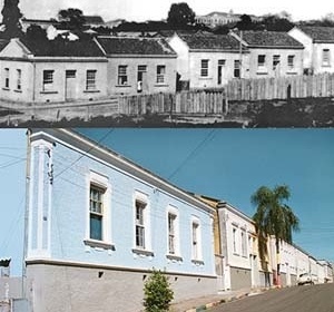 Acima: Vista parcial da Vila Belga em 1920. Conjunto habitacional destinado aos empregados mais graduados da Compagnie Auxiliare de Chemins de Fèr au Brésil então arrendatária da rede de viação férrea do RGS. Abaixo: Vista parcial da vila em 2002.  [Museu do Trem, São Leopoldo, RS.(acima), DIGIFOTO (abaixo)]