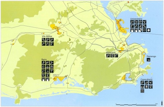 Mapa geral das instalações olímpicas na candidatura Rio 2004<br />Imagem divulgação  [Rio 2004, Rio de Janeiro candidate to host the XXVIII Olympic Games in 2004, v.2, 1996]