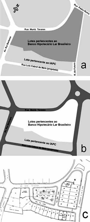 Figura 1. a) Situação inicial, com terreno de propriedade do Banco Hipotecário Lar Brasileiro. b) Arruamento proposto pela Prefeitura da Cidade do Recife c) Loteamento aprovado, projeto de Borsoi  [a) MELO, Ricardo Jorge Pessoa. A arquitetura do edifício na arquitetura da cidade. Um estu]