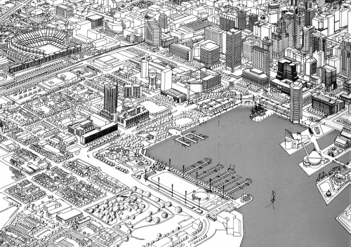 Figura 16 – Perspectiva geral de 1989, mostrando o existente e o projetado para o ano 2000, na área central e no Inner Harbor de Baltimore