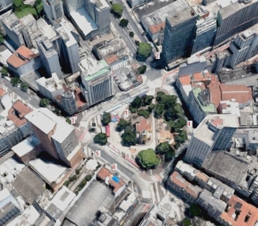 Largo do Paysandu. Imagem de satélite. 1: Nossa Senhora do Rosário dos Homens Pretos; 2: edifício Wilton Paes de Almeida; 3: edifício Domingos Fernandes Alonso; 4: conjunto José Paulino Nogueira; 5: Centro Comercial Grandes Galerias; 6: Cine Arte-Palácio<br />Imagem divulgação  [Google Maps]