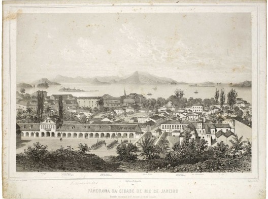 Panorama da cidade de Rio de Janeiro, tomada do morro de Santo Antonio a vôo de passaro. <br />Gravura de Philippe Benoist, 1854  [Biblioteca Nacional Digital do Brasil]