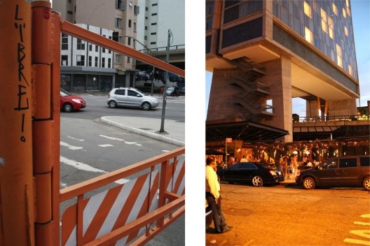 À esquerda, o Elevado: Acesso próximo à Rua Helvetia; À direita, o High Line. Relação com a cota térreo<br />Foto Ana Carolina Ferreira Mendes 