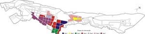 Etapas de intervenção do Centro Histórico de Salvador. Os espaços públicos assinalados são: A. Praça Municipal / Praça Tomé de Souza, B. Praça da Sé, C. Praça 15 de Novembro / Terreiro de Jesus, D. Cruzeiro de São Francisco, E. Largo do Pelourinho, F. Lar<br />Desenho: Paula Marques Braga 