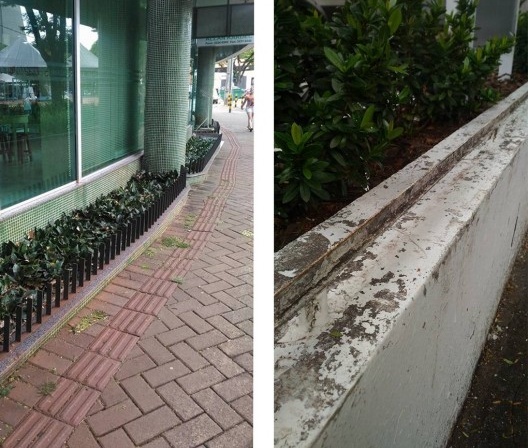 À esquerda, estrutura metálica em jardim; ferro pontiagudo instalado em canteiros, Maringá PR<br />Foto Vinícius de Moraes Ribeiro 