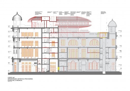 Projeto de "intervenção artística provisória" no edifício REC Cultural, Avenida Rio Branco 23, Bairro do Recife, Recife PE, 15 fev. 2024. Arquiteto José Bernardino Pereira dos Santos Filho<br />Imagem do projeto  [Processo em tramitação no Iphan]