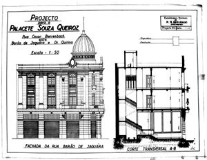 Figura 04 -Elevação para a rua Barão de Jaguara do Palacete Souza de Queiróz<br />Foto Caio Ferreira  [Arquivo pessoal da H.N.Segurado]