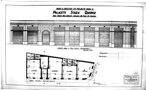 Figura 06 - Elevação para a rua César Bierrembach e planta do Palacete Souza de Queiroz - 1° fase construída<br />Foto Caio Ferreira  [Arquivo pessoal da H.N.Segurado]