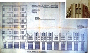 Figura 11 - Elevação para a rua César Bierrembach do processo de aprovação/ Detalhe da perspectiva do anteprojeto da H. N. Segurado [COMDEPAHC/ Arquivo pessoal da H. N. Segurado]