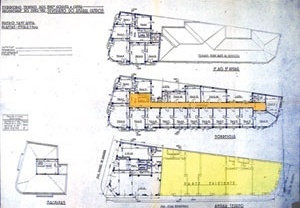 Figura 12 - Plantas do edifício Sant’Anna – em laranja detalhes da circulação vertical e acessos da  ampliação à torre – em amarelo o projeto da H. N. Segurado para a primeira fase do Souza Queiroz incorporado ao projeto aprovado por  Lix da Cunha<br />Foto Caio Ferreira  [COMDEPAHC]