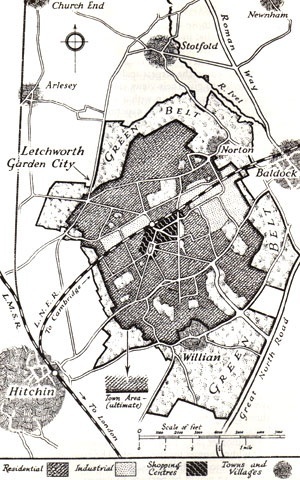 Figura 02 – Plano da cidade de Letchworth [livro Garden Cities of To-Morrow, MIT, 1965]