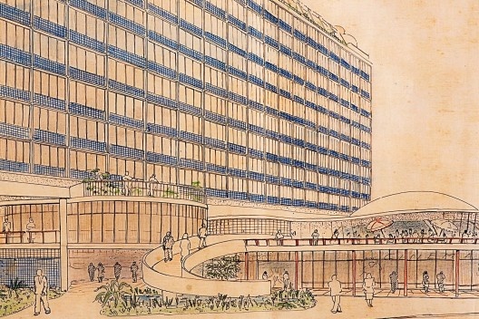 Detalhe da perspectiva da versão definitiva do projeto de Diógenes Rebouças e Paulo Antunes Ribeiro para o Hotel da Bahia<br />Imagem divulgação  [Acervo Epucs / Arquivo Histórico Municipal de Salvador / Fundação Gregório de Matos / Pref]