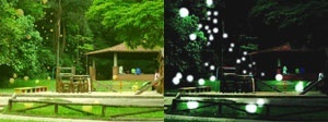 Esférica. Esferas, de dia e à noite, sobre o platô intermediário do parque