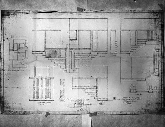 Emil Bach House, detalhe escadas, oeste e oeste, North Sheridan Road, Chicago, Estados Unidos, 1915. Arquiteto Frank Lloyd Wright<br />Desenho original  [Library of Congress / U.S. Government]