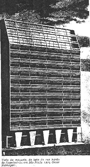 Edifício e Galeria Califórnia: desenho com a primeira solução com 5 pilares em “V” no plano da rua