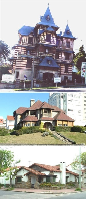 Imagem 8. Expoentes do estilo Pitoresquista em suas diversas escalas; vila (construída em 1909 por um engenheiro), chalé (construído em 1934 pelo mesmo engenheiro) e chalé modesto (edificado em 1944 por um construtor) [levantamento pessoal]