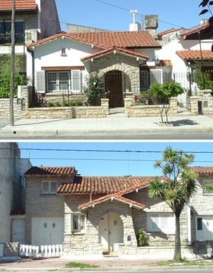 Imagem 12. Chalés modestos “estilo Mar del Plata” em La Perla, onde se pode observar as materialidades (como a utilização da pedra “Mar del Plata”) e as características principais desenvolvidas em parcelas entre esquinas [levantamento pessoal]