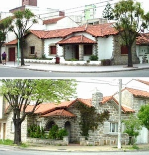 Imagem 13. Chalés modestos “estilo Mar del Plata” em La Perla, onde se pode observar as materialidades (como a utilização da pedra “Mar del Plata”) e as características principais desenvolvidas em parcelas em esquinas [levantamento pessoal]