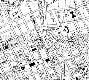 Mapa de Campinas, 1900. Na confluência das ruas Bernardino de Campos, Dr. Quirino e a Praça Bento Quirino aparece um vazio, um polígono que se transformaria na Praça Antonio Pompeo. O número 9 é referente à Igreja do Carmo e 33 o loca da Casa Livro Azul