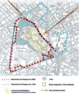 Estudo para a análise do Parque do Ibirapuera. s/escala (2003) [Base: São Paulo (Estado) Secretaria dos Negócios Metropolitanos (Emplasa). Levantamento ae]