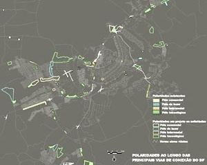 Polaridades ao longo das principais vias de conexão do DF. Em amarelo, pólo comercial; em azul, pólo de lazer; em rosa, pólo intermodal; em verde, pólo tecnológico