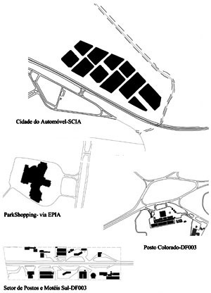 Morfologia das polaridades: recinto (Cidade do Automóvel), container (Park Shopping), somatório de edificações (Posto Colorado), agrupamento linear (Setor de Postos)