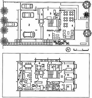 Edifício FAM, Porto Alegre, 1969. Planta Baixa: 1. Entrada; 2. Garagem; 3. Hall; 4. Salão de Festas; 5. Serviço; 6. Depósito; 7. Banho. Planta Tipo: 1. Hall; 2. Sala de Estar; 3. Terraço; 4. Living; 5. Bar; 6. Cozinha; 7. Serviço; 8. Despensa; 9. Banho; 1