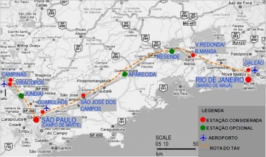 Representação esquemática do traçado referencial e estações [www.tavbrasil.gov.br]