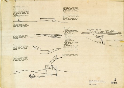 Pavilhão do Brasil, prancha com croquis e memorial, Osaka, Japão, 1969. Arquiteto Paulo Mendes da Rocha e equipe<br />Digitalização Daniele Pisani  [Acervo Paulo Mendes da Rocha]