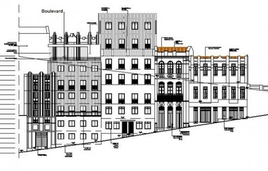Fachada do projeto, com possibilidade de aprovação pelo Iphan, da rua do Taboão (de baixo). Assinalada a área do Boulevard<br />Catharina Teixeira 