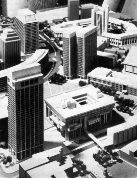 Figura 11 – Maquete do projeto da área central renovada e o conjunto modernista do centro cívico de Boston, EUA. Projeto de I.M.Pei [In Process # 97, 1991]