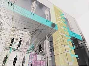As transparências das superfícies elucidam o mais profundo desejo de interatividade que quebra os limites do espaço físico permitindo que o nosso corpo transponha as superfícies instantaneamente. Estudo para loja Toulon, Brasília<br />Ilustração Marcelo Maia 
