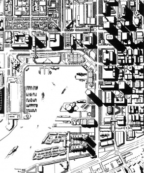 Figura 15 – Plano geral para a área central e portuária de Baltimore, EUA, onde se vê, no canto superior direito o Charles Center e o sistema de passarelas conectando-o com o Inner Harbor de Baltimore, EUA