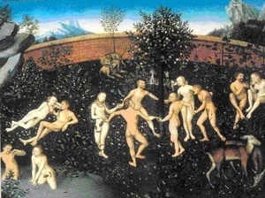 Figuração do Jardim do Éden, intimamente ligada ao mito da Idade do Ouro. Pintura de Lucas Cranach, o Velho, circa 1530 [JEAN, Georges. Voyages en utopie. Paris, Gallimard, 1994, p. 20-21]