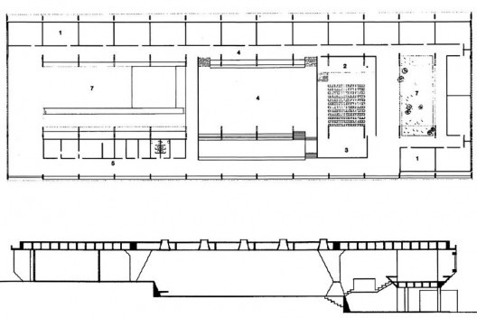 Figura 12 – Vilanova Artigas, Escola em Guarulhos, planta e corte transversal, São Paulo, 1960 [ARTIGAS, Rosa et alli (org)]