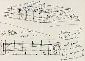 Masp, primeiros estudos dos anos 1950. Texto do croqui: "trecho più bello – struttura cemento armado dipinta rossa" (mais bonito – estrutura de concreto armado pintada de vermelho)