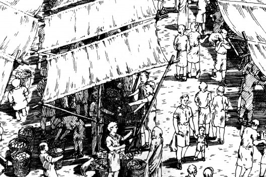 Espaço terciário em gravura de mercado público no Império Romano (detalhe) <br />Imagem divulgação 