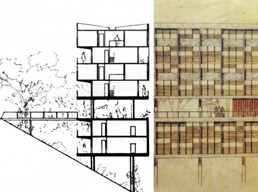 Conjunto Residencial do Pedregulho, corte transversal e elevação, Rio de Janeiro, Brasil, 1952. Arquiteto Affonso Eduardo Reidy<br />Imagem divulgação  [BONDUKI, Nabil. <i>Affonso Eduardo Reidy</i>. Blau/Instituto Bardi, 1999]